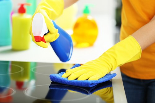 Carpet cleaning team preparing a safe work area
